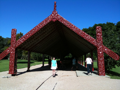 Dawn in front of the ceremonial waka