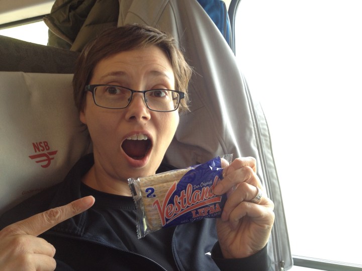 Dawn finds some packaged lefse on the train.